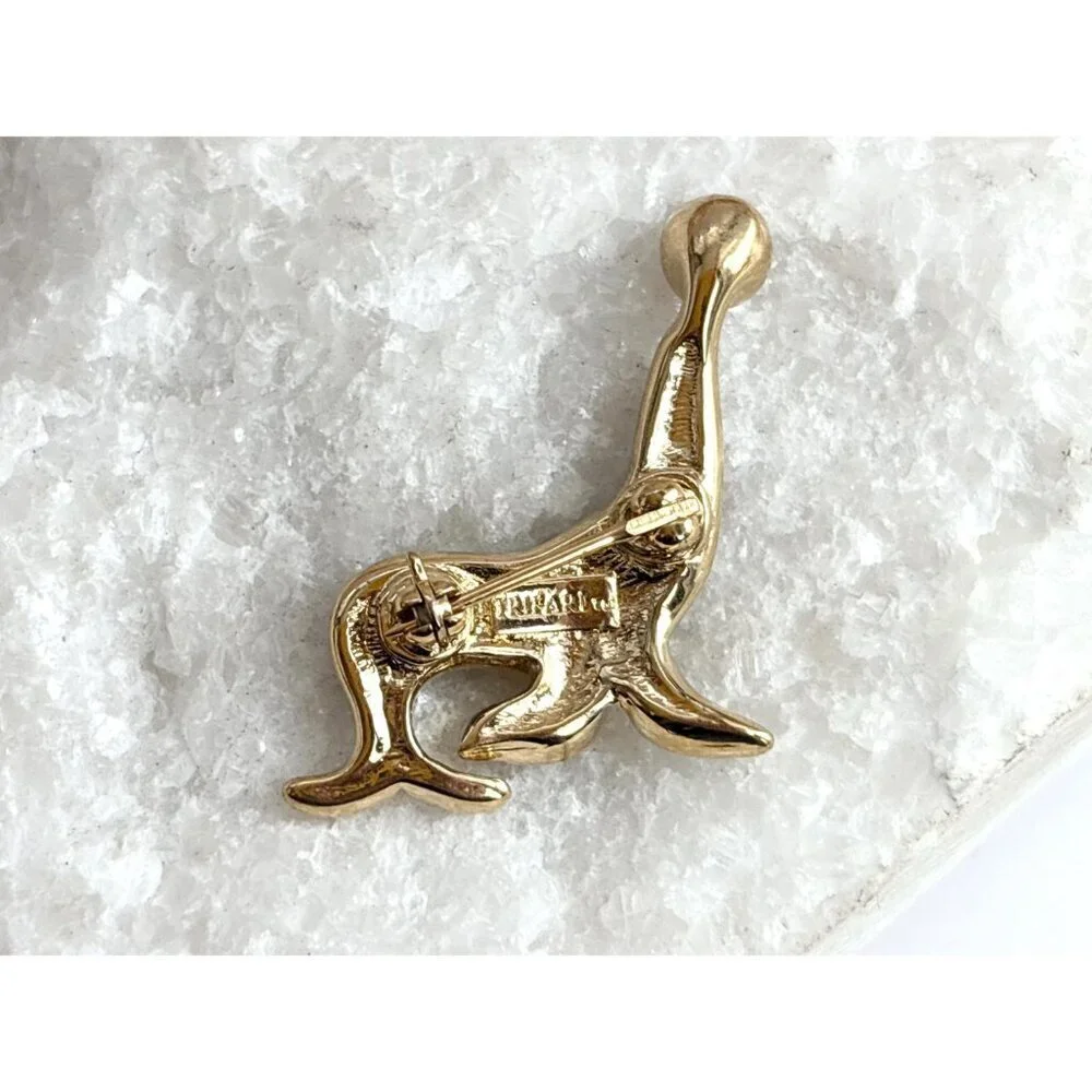 Seal Shaped Black Enameled Figural Gold TOned Vintage Costume Jewelry Brooch